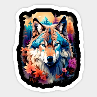 A Grey Wolf with Mountains, Floral Elements, Forests, Trees Sticker